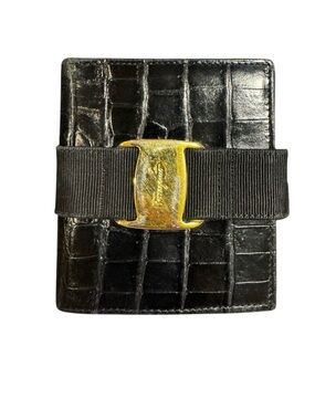 Salvatore Ferragamo Black Vara Bow Croc-Embossed Leather Wallet